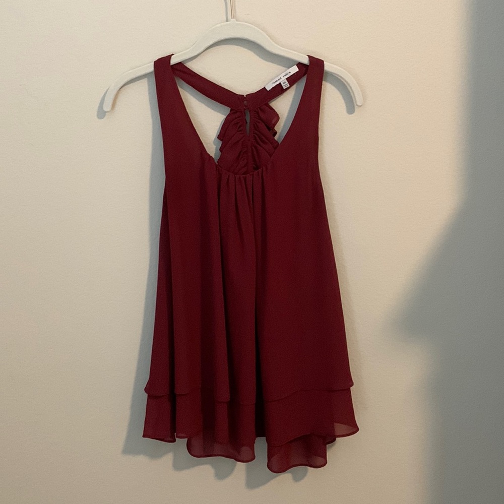 Maroon womens blouse/tank with ruffled detailed razorback